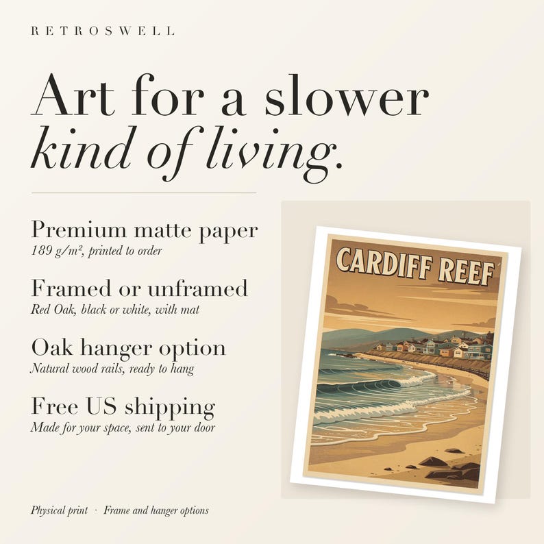 RetroSwell print details for Cardiff Reef Surf: premium 189 g/m² matte paper, framed or unframed, oak hanger option, free US shipping.