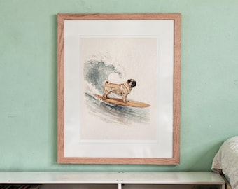 Lámina artística de un carlino surfeando / Cuadro de pared de perro en acuarela (Descarga digital)