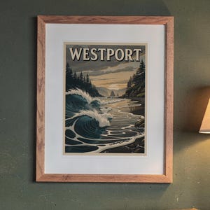 Westport Surf Travel Poster print in a Red Oak frame with a white mat, hanging above the sideboard in a green study.