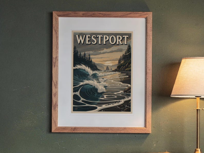 Westport Surf Travel Poster print in a Red Oak frame with a white mat, hanging above the sideboard in a green study.