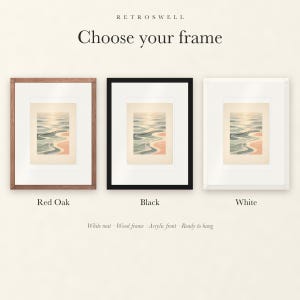 Frame options for Pastel Ocean Ripples: Red Oak, black and white wood frames, each with a white mat.