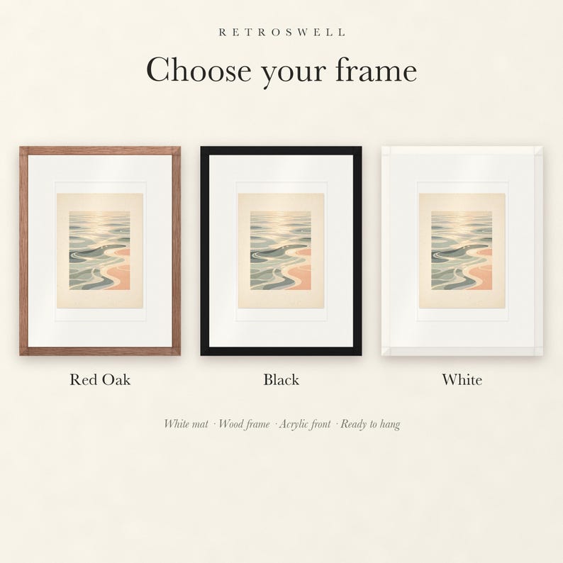 Frame options for Pastel Ocean Ripples: Red Oak, black and white wood frames, each with a white mat.