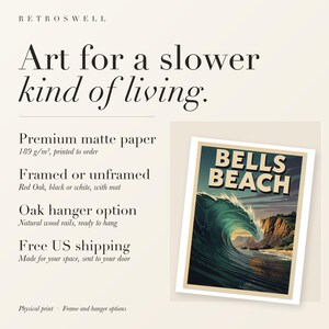 RetroSwell print details for Bells Beach Australia Surf: premium 189 g/m² matte paper, framed or unframed, oak hanger option, free US shipping.