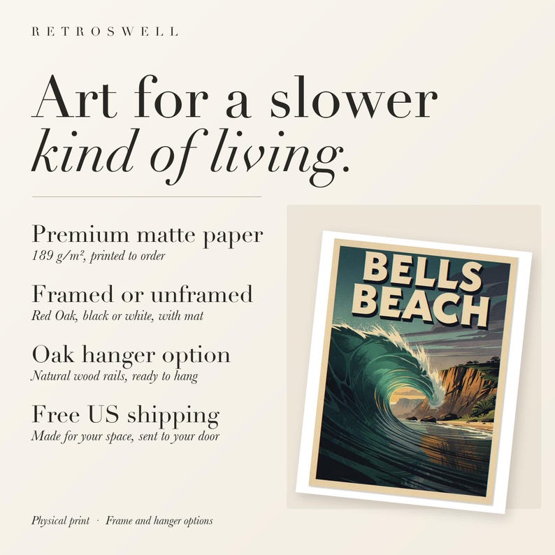 RetroSwell print details for Bells Beach Australia Surf: premium 189 g/m² matte paper, framed or unframed, oak hanger option, free US shipping.