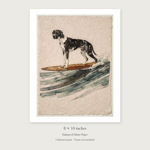 Great Dane Surfing unframed 8 by 10 inch print on enhanced matte paper, shown with its white paper border.
