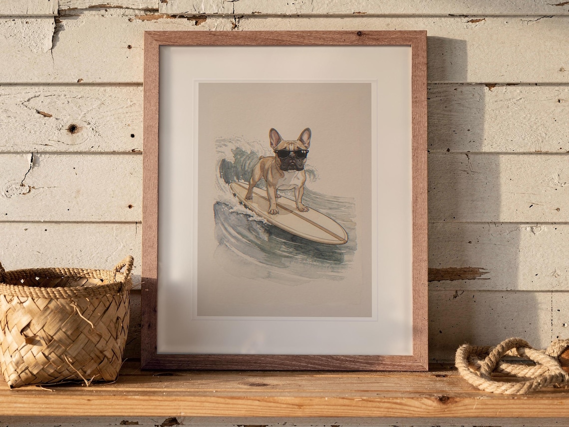 French Bulldog Surfing print in a Red Oak frame with a white mat, leaning on the shelf against the wall in a surf shack bedroom.