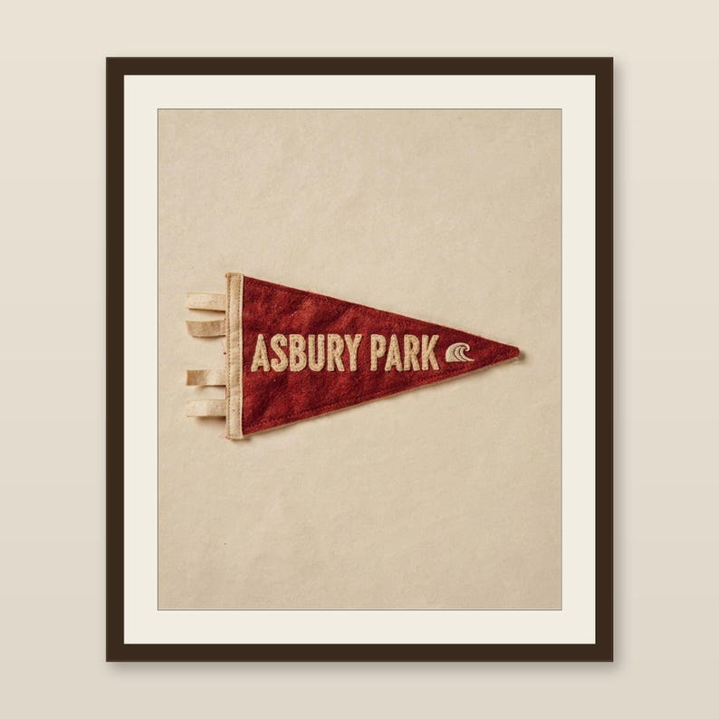 Asbury Park, New Jersey Surf Pennant Print | Vintage Felt Pennant Art | Beach House Decor | Retro Surf Wall Art | Printable Digital Download image 1