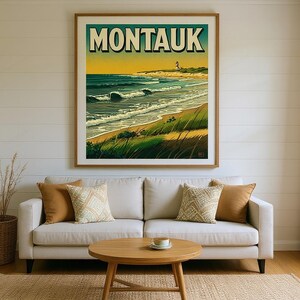Montauk Surf Poster framed in a beach-style living room setting