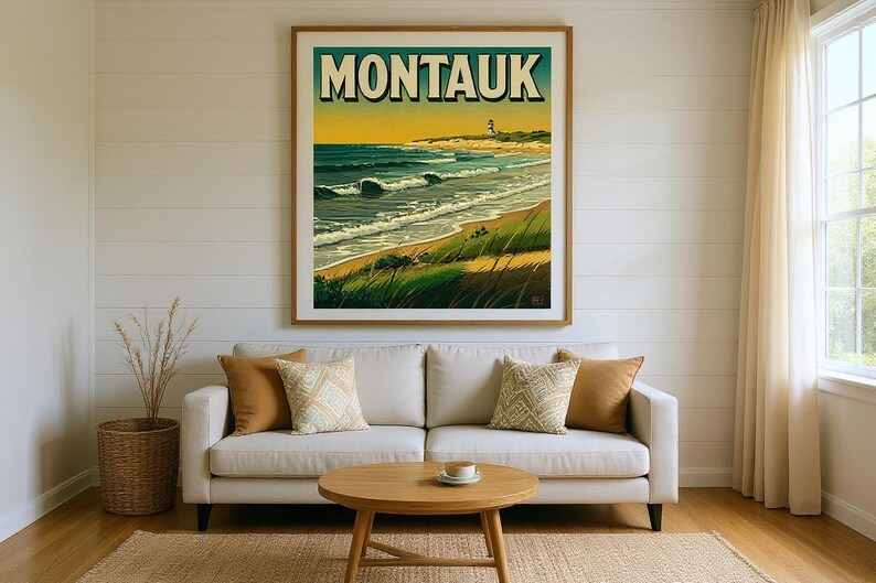 Montauk Surf Poster framed in a beach-style living room setting