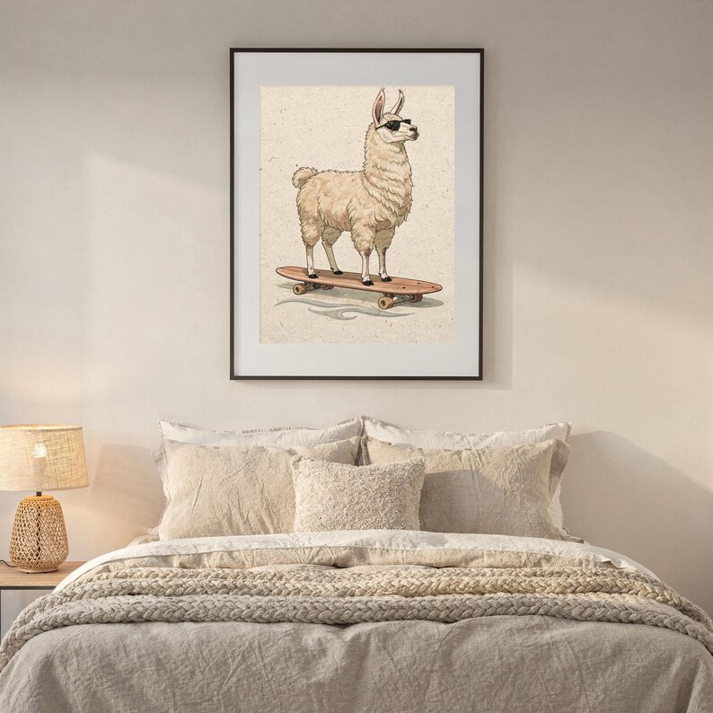 Surfing Llama Print, Cute Llama Watercolor Art, Coastal Nursery Decor, Sepia Ink Animal Illustration, Printable Wall Art Digital Download image 7