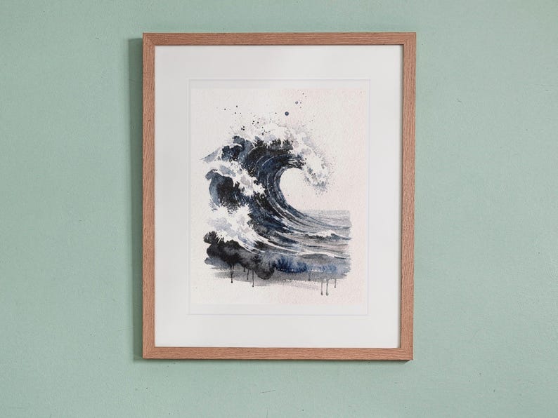 Storm Wave Watercolor print in a Red Oak frame with a white mat, hanging above the desk in a kids' room.