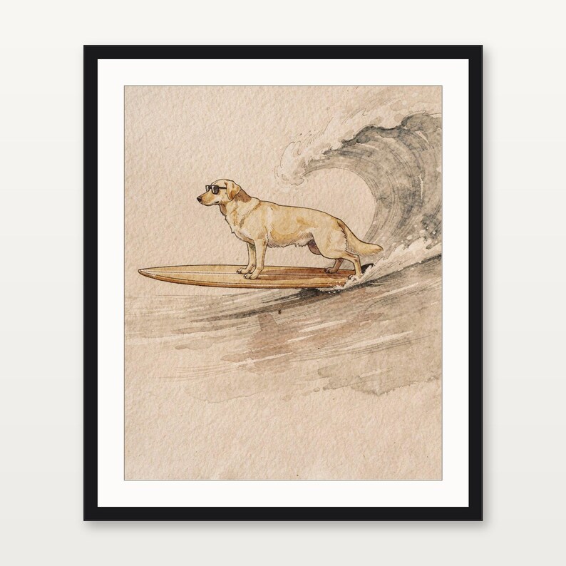 Yellow Labrador Surfing Print, Watercolor Lab Dog on Longboard, Kids Beach Room Decor, Dog Lover Gift, Printable Wall Art Digital Download image 3