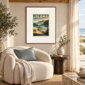 Jalama Beach Surf print in a Red Oak frame with a white mat in a light-filled coastal sitting room.