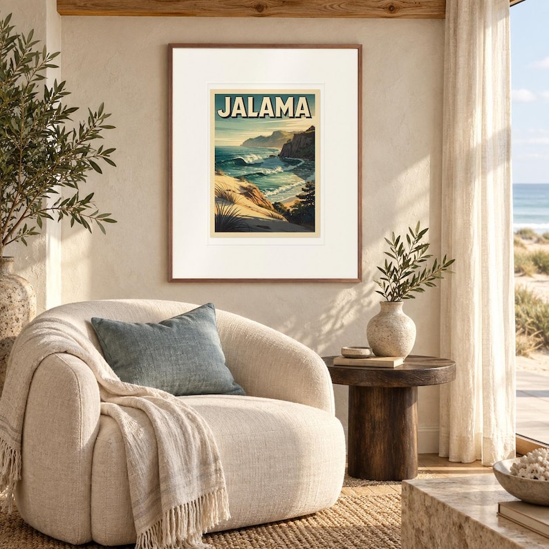 Jalama Beach Surf print in a Red Oak frame with a white mat in a light-filled coastal sitting room.