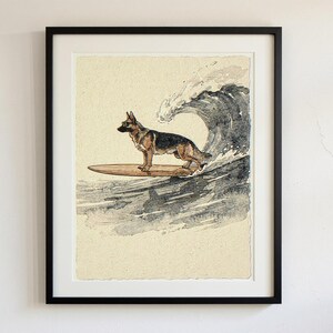 German Shepherd Surfing Print framed in a home office setting