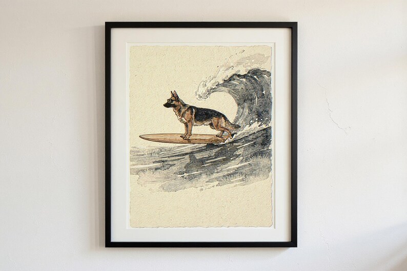 German Shepherd Surfing Print framed in a home office setting