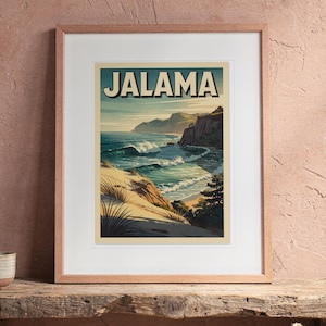 Jalama Beach Surf Travel Poster print in a Red Oak frame with a white mat, leaning on the bench against the wall in a boho living room.