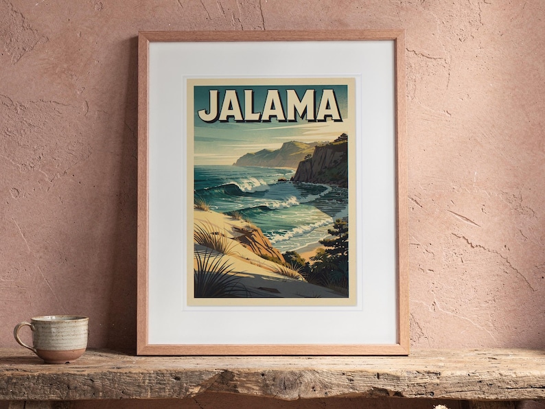 Jalama Beach Surf Travel Poster print in a Red Oak frame with a white mat, leaning on the bench against the wall in a boho living room.