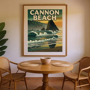 Cannon Beach Oregon Poster framed in a coastal dining room setting