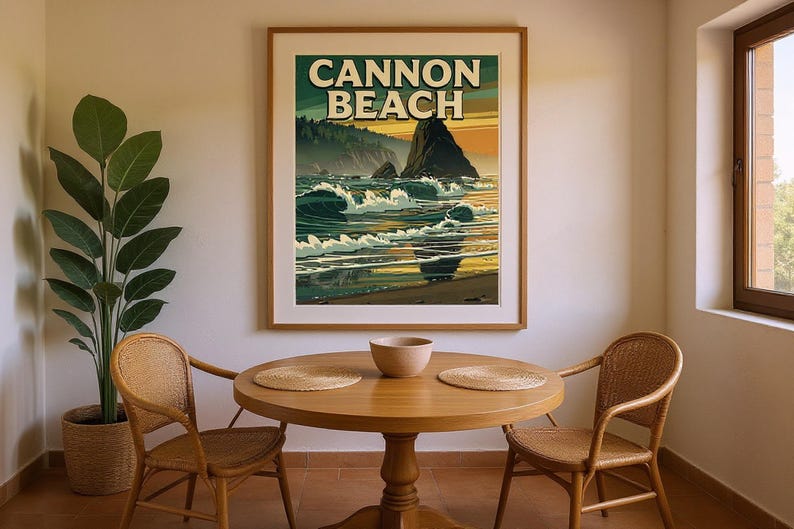 Cannon Beach Oregon Poster framed in a coastal dining room setting
