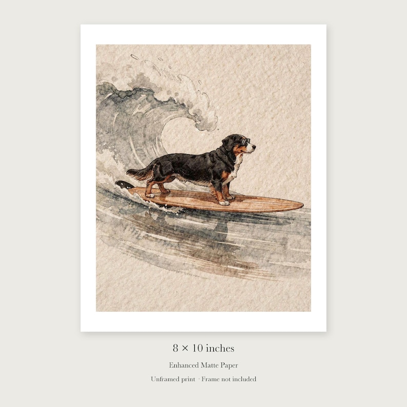 Bernese Mountain Dog Surfing unframed 8 by 10 inch print on enhanced matte paper, shown with its white paper border.