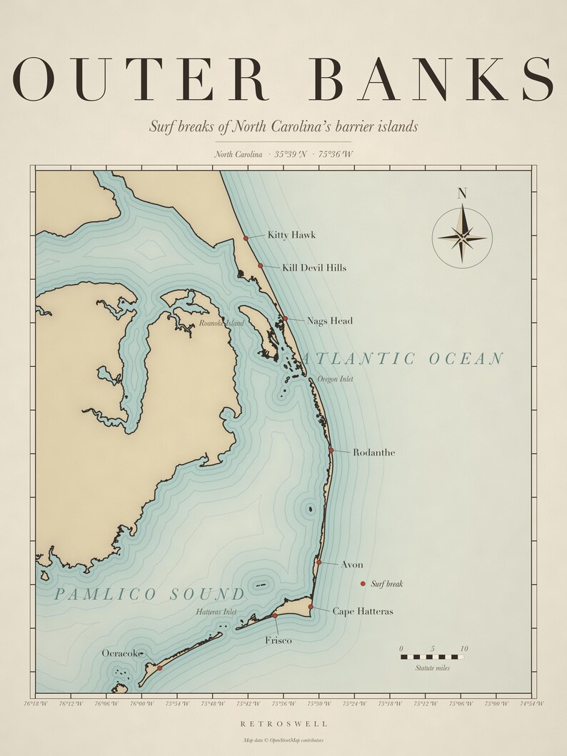 Outer Banks Surf Map, full artwork: vintage-style chart of the surf breaks with compass rose and scale.