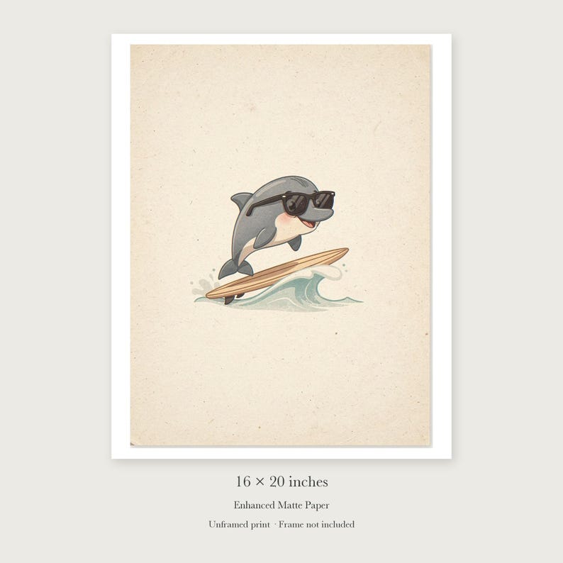 Dolphin Surfing unframed 16 by 20 inch print on enhanced matte paper, shown with its white paper border.