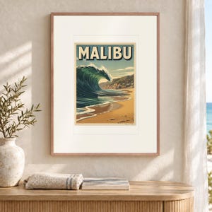 Malibu Surf Travel Poster, Framed or Unframed Vintage Style Coastal Print image 12