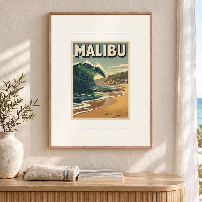 Malibu Surf Travel Poster, Framed or Unframed Vintage Style Coastal Print image 12