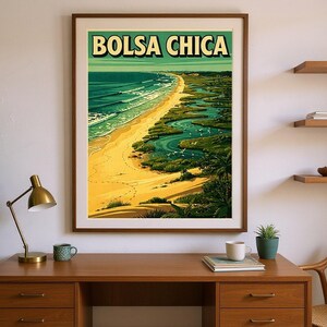 Bolsa Chica Surf Poster framed in a home office setting