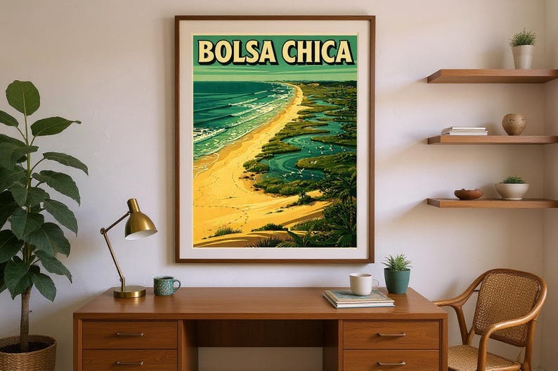 Bolsa Chica Surf Poster framed in a home office setting