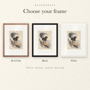 Frame options for Rottweiler Surfing: Red Oak, black and white wood frames, each with a white mat.