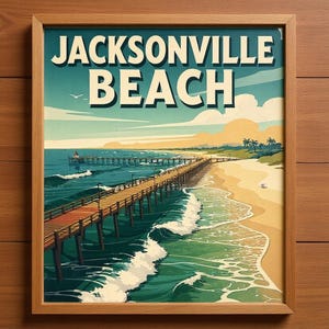 Jacksonville Beach Surf Poster framed in a beach-style living room setting