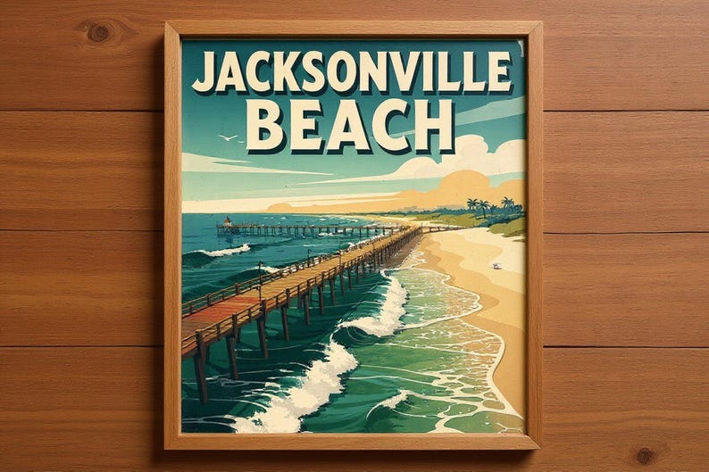 Jacksonville Beach Surf Poster framed in a beach-style living room setting