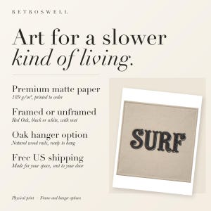 RetroSwell print details for Surf Patch: premium 189 g/m² matte paper, framed or unframed, oak hanger option, free US shipping.