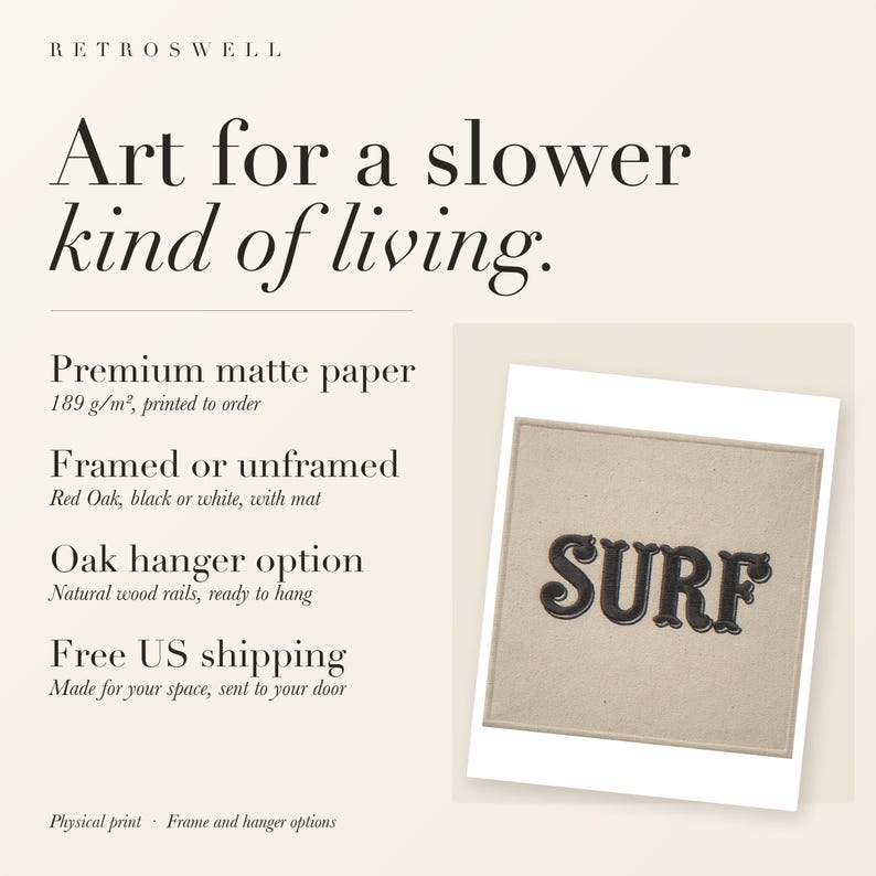RetroSwell print details for Surf Patch: premium 189 g/m² matte paper, framed or unframed, oak hanger option, free US shipping.