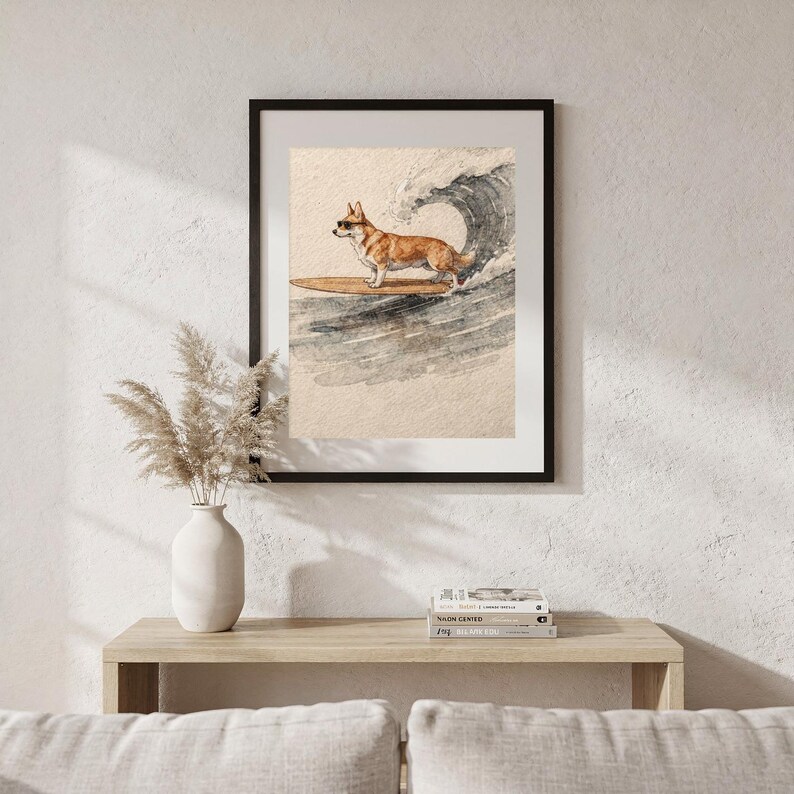 Corgi Surfing Print | Dog Surf Wall Art | Fine Art Coastal Decor | Corgi Lover Gift | Printable Wall Art Digital Download image 6