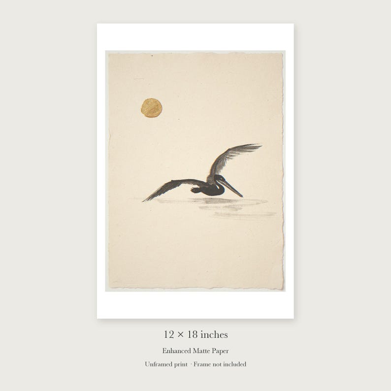 Flying Pelican Ink Style unframed 12 by 18 inch print on enhanced matte paper, shown with its white paper border.