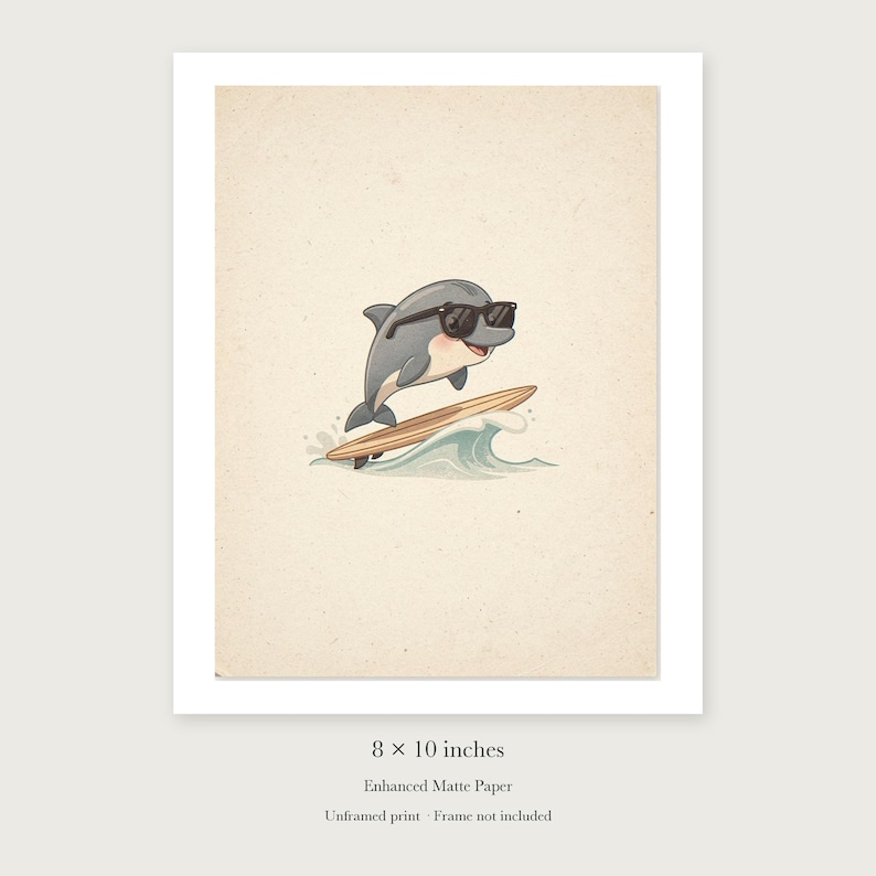 Dolphin Surfing unframed 8 by 10 inch print on enhanced matte paper, shown with its white paper border.
