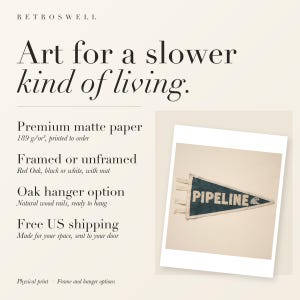 RetroSwell print details for Pipeline Surf Pennant: premium 189 g/m² matte paper, framed or unframed, oak hanger option, free US shipping.