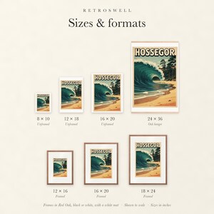 Sizes and formats for Hossegor Surf, shown to scale: unframed prints, oak hanger and framed prints.