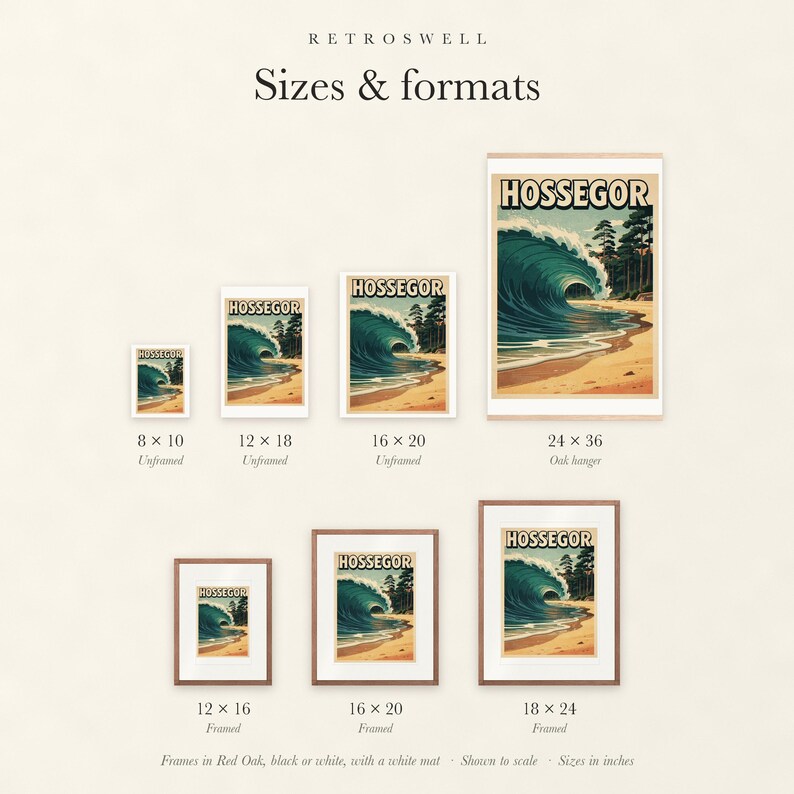 Sizes and formats for Hossegor Surf, shown to scale: unframed prints, oak hanger and framed prints.