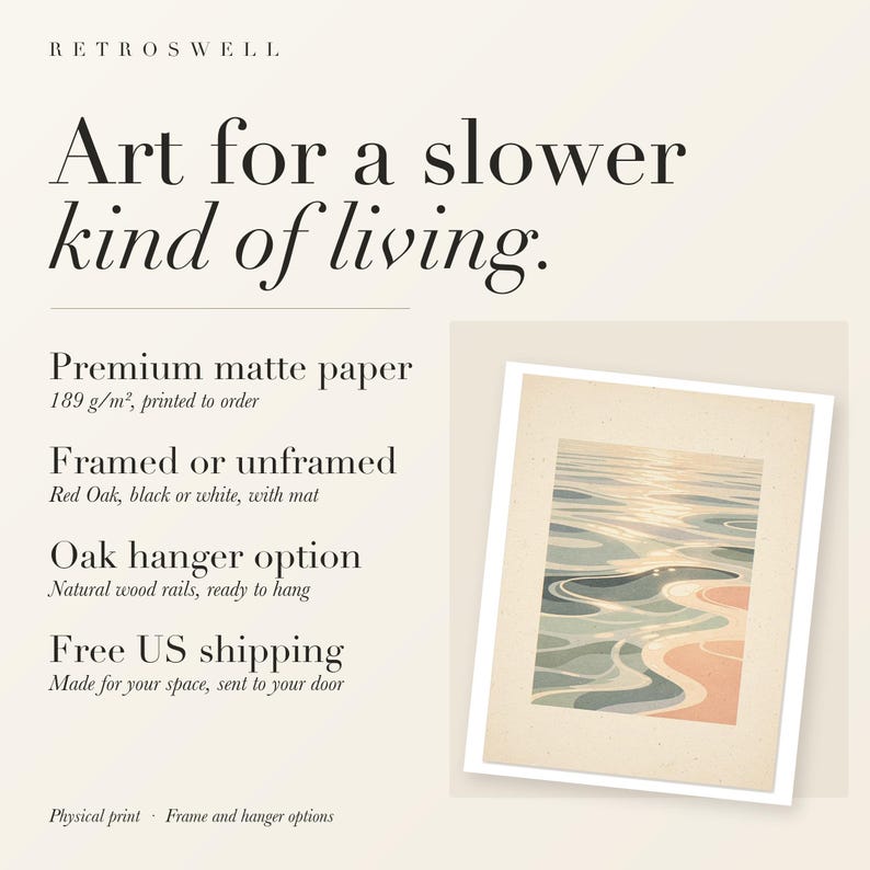 RetroSwell print details for Pastel Ocean Ripples: premium 189 g/m² matte paper, framed or unframed, oak hanger option, free US shipping.