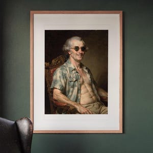 James Madison Surfer print in a Red Oak frame with a white mat, hanging on the wall between the shelves in a home library.