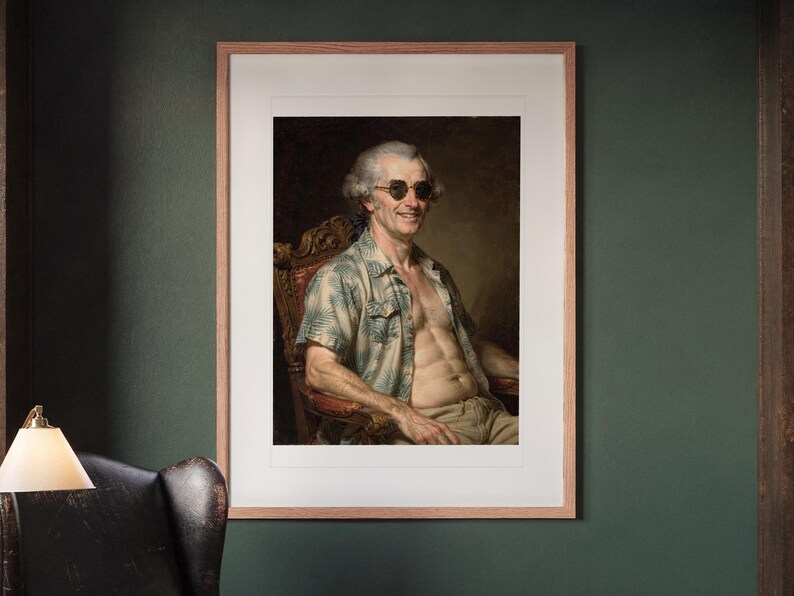 James Madison Surfer print in a Red Oak frame with a white mat, hanging on the wall between the shelves in a home library.
