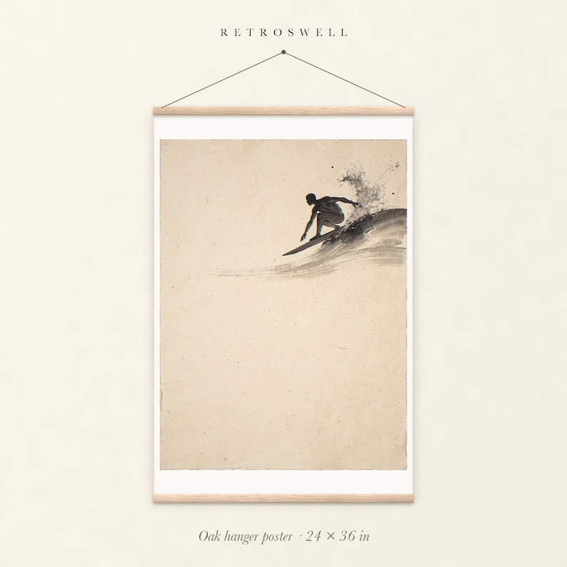 Surfer Cutback Ink Style oak hanger poster, 24 by 36 inches, with natural wood rails and a hanging cord.