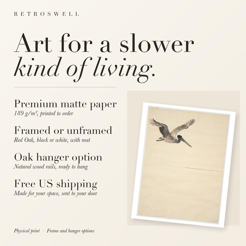 RetroSwell print details for Flying Pelican Ink Style: premium 189 g/m² matte paper, framed or unframed, oak hanger option, free US shipping.