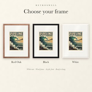 Frame options for Pipeline Hawaii Surf: Red Oak, black and white wood frames, each with a white mat.