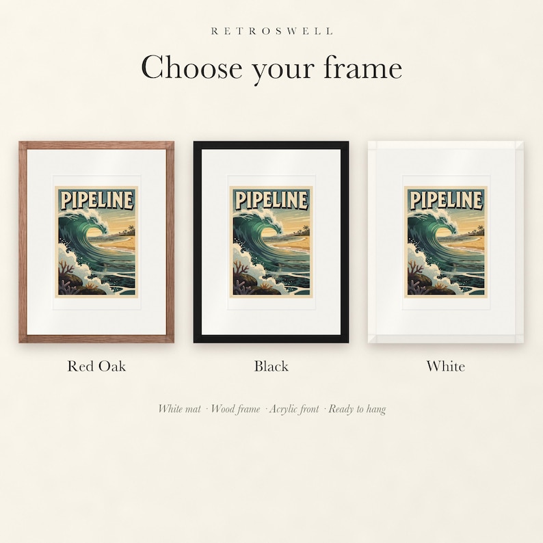Frame options for Pipeline Hawaii Surf: Red Oak, black and white wood frames, each with a white mat.
