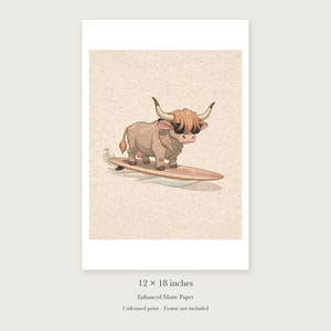 Highland Cow Surfing Art Print, Framed or Unframed Coastal Nursery Poster image 8